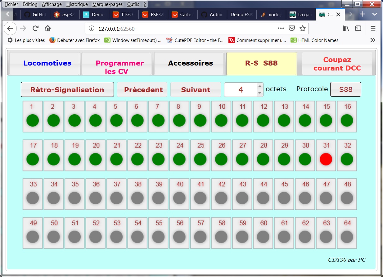 Ecran de lecture du bus S88, IHM DCCpp (GUI 960x575)